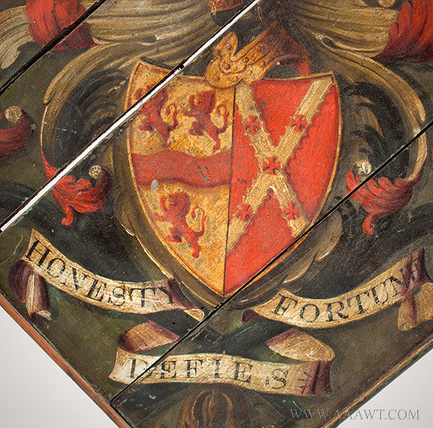 Hatchment, Painted Wood, Bearing Motto, Honesty Defies Fortune
Coat of arms celebrating family distinction and lineage
England, 19th Century, crest detail